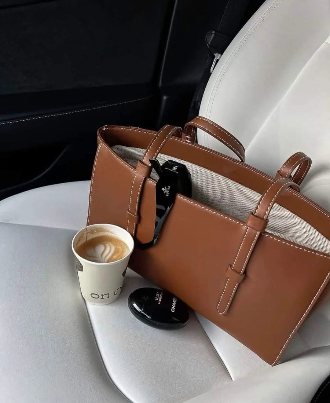 Sac Cabas de Cours en Cuir Marron et Toile Beige Grand Format