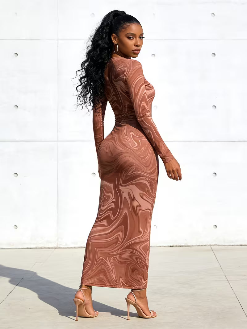 Robe Longue Moulante Marron à Imprimé Marbré Abstraite