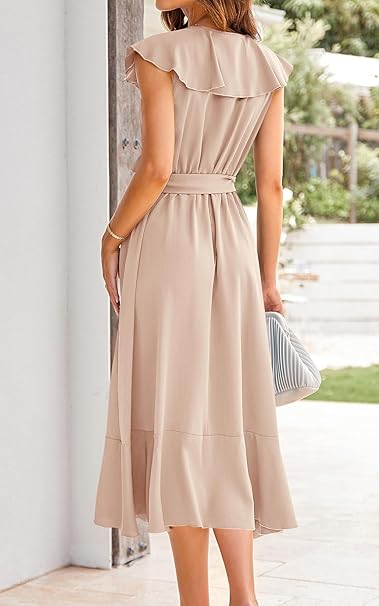 Robe de Cocktail Fluide Beige Asymétrique à Volants