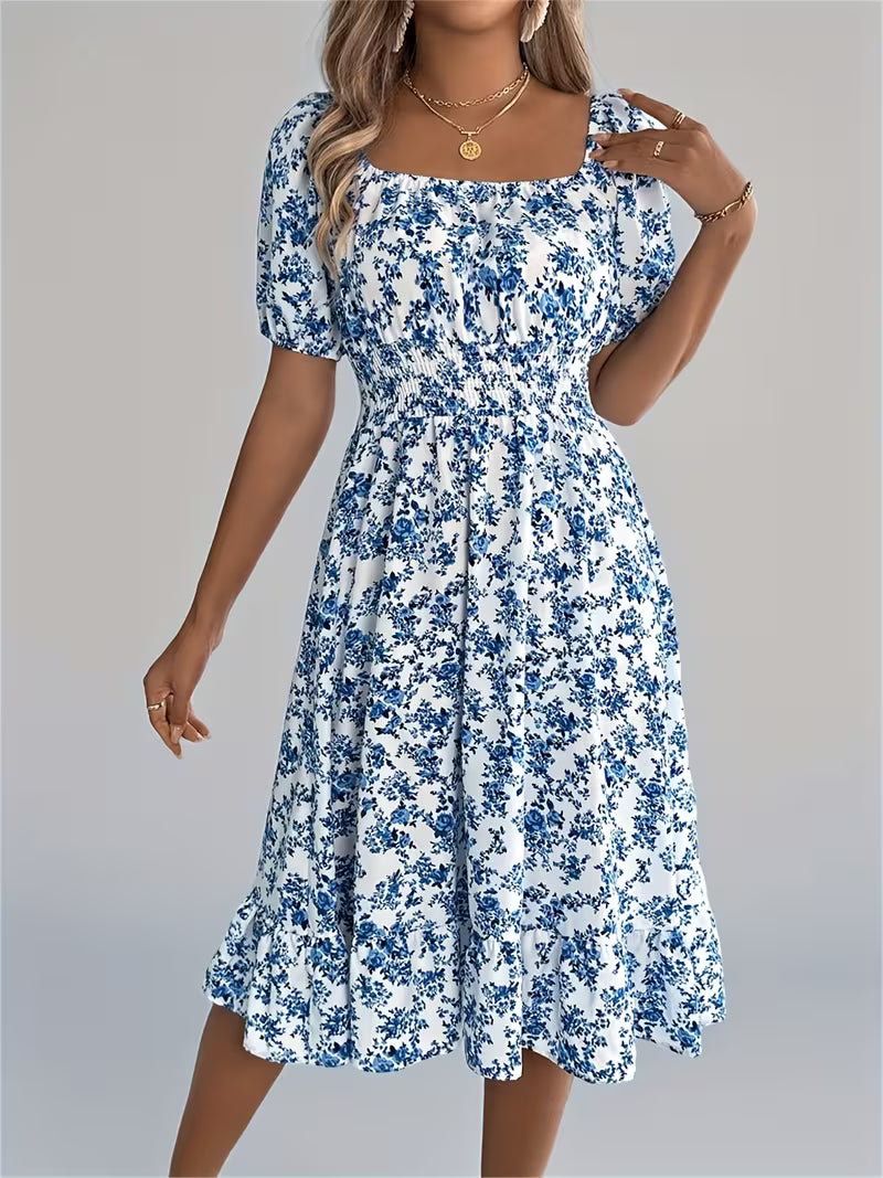 Robe d'Été Fleurie Bleue et Blanche à Col Bardot