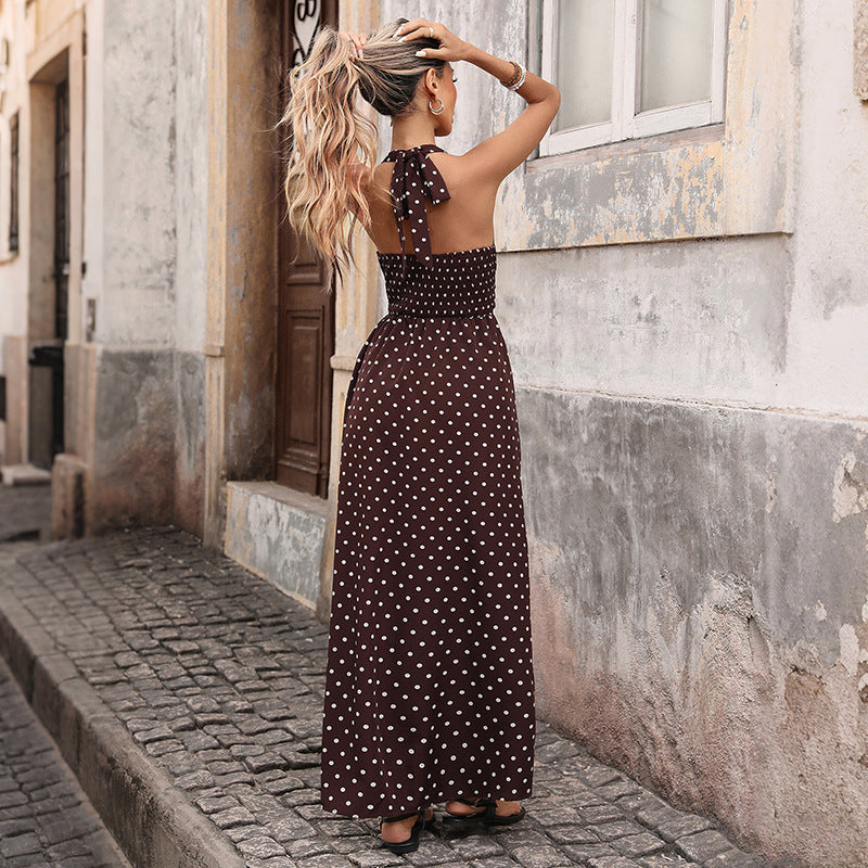 Robe Longue d'Été Marron à Pois Blancs Dos Nu