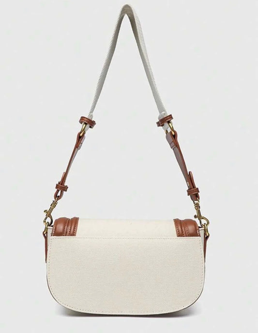 Sac à Bandoulière Bicolore en Toile et Cuir Marron Style