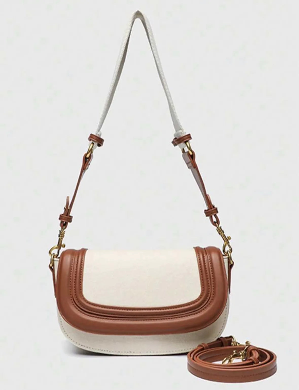 Sac à Bandoulière Bicolore en Toile et Cuir Marron Style