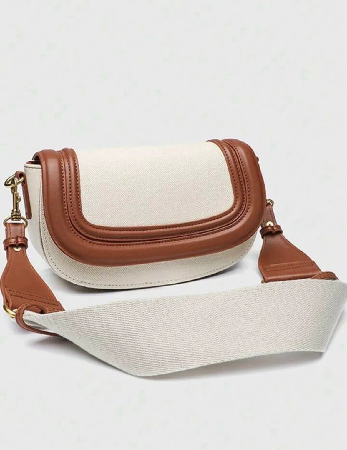 Sac à Bandoulière Bicolore en Toile et Cuir Marron Style