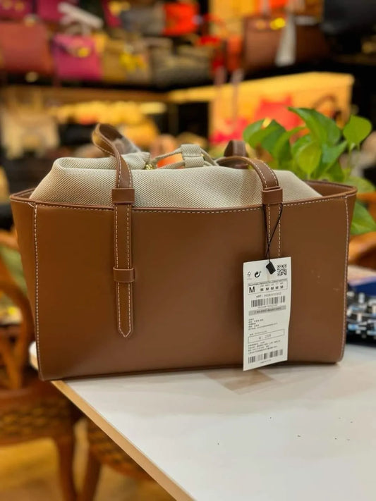 Sac Cabas de Cours en Cuir Marron et Toile Beige Grand Format