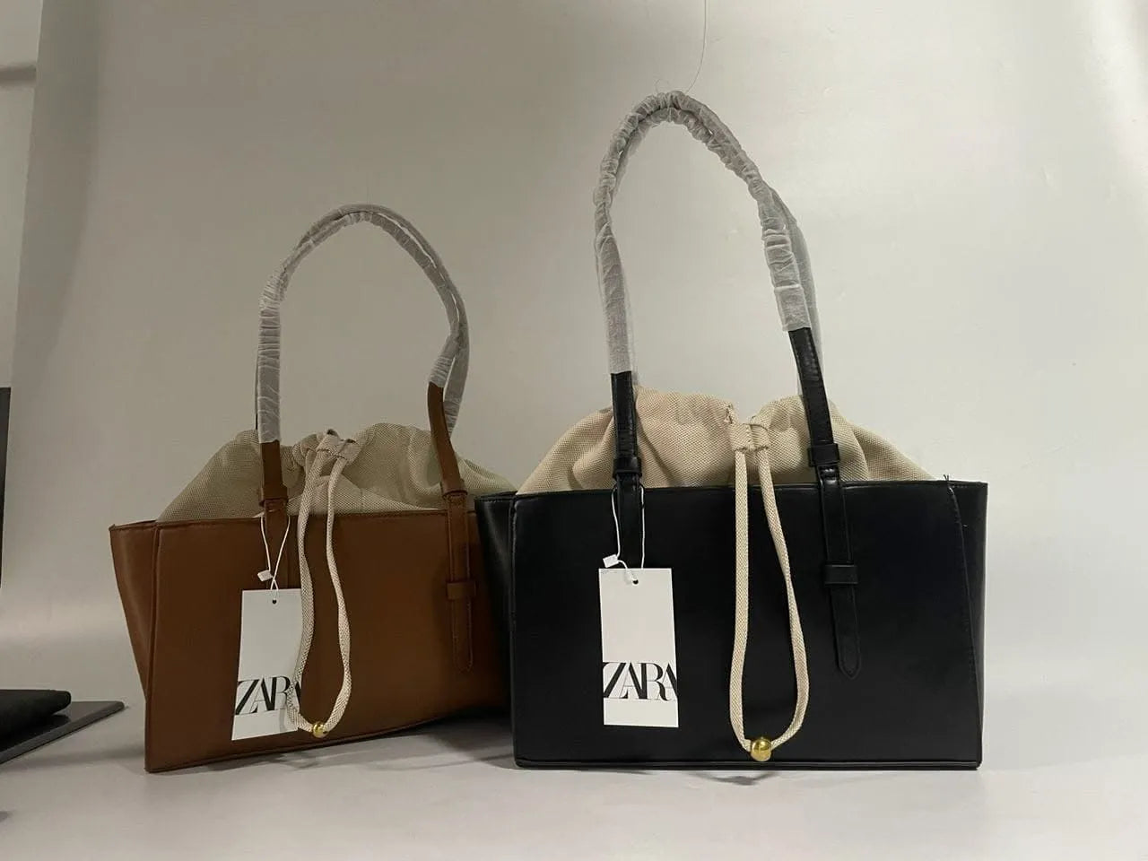 Sac Cabas de Cours en Cuir Marron et Toile Beige Grand Format