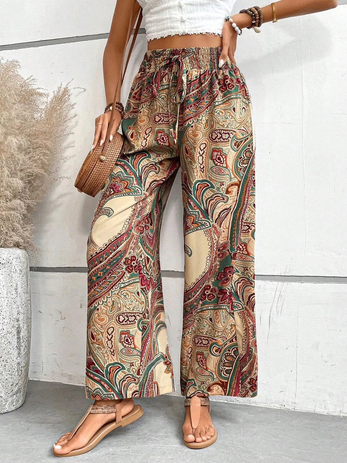 Pantalon Fluide Femme Taille Haute Imprimé Cachemire Bohème