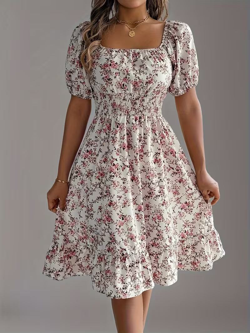 Robe d'Été Fleurie Bleue et Blanche à Col Bardot