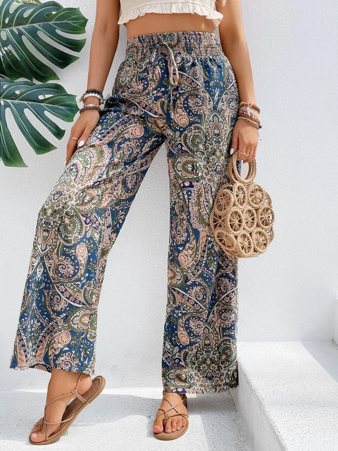 Pantalon Fluide Femme Taille Haute Imprimé Cachemire Bohème