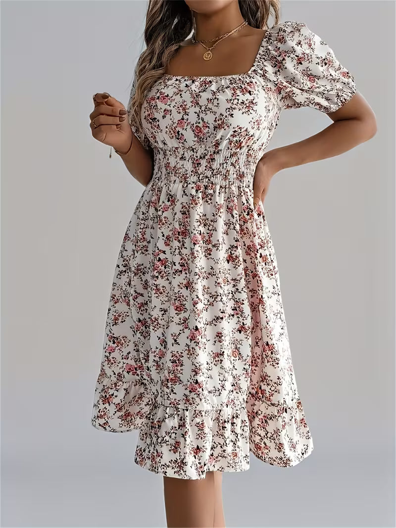 Robe d'Été Fleurie Bleue et Blanche à Col Bardot