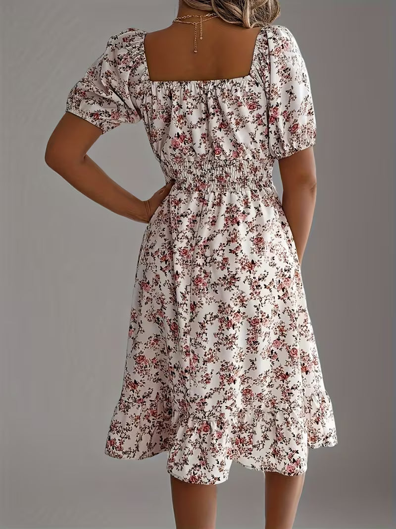 Robe d'Été Fleurie Bleue et Blanche à Col Bardot
