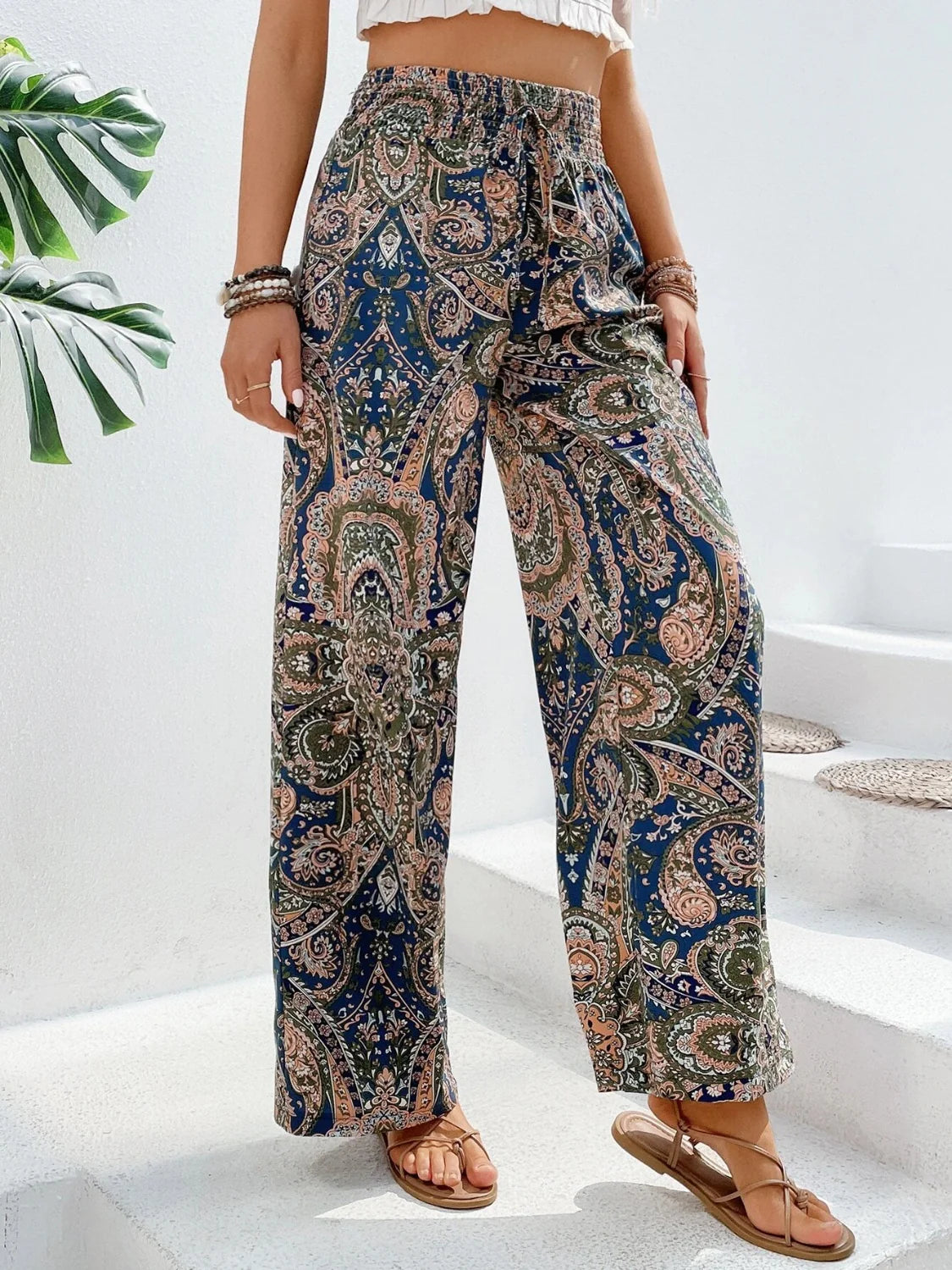 Pantalon Fluide Femme Taille Haute Imprimé Cachemire Bohème