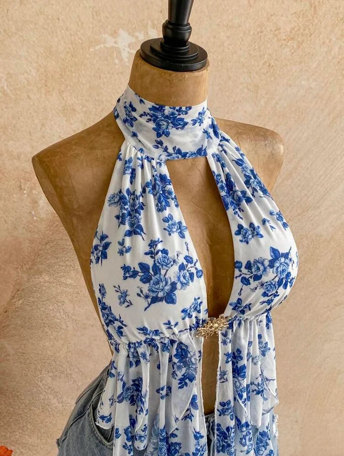 Top Fleuri Bleu Blanc Élégance Romantique